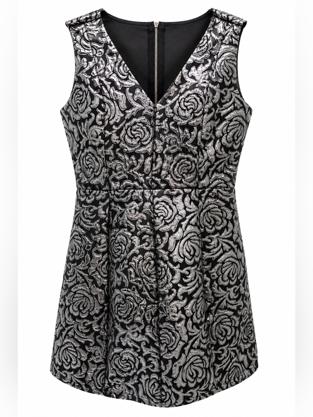 Black and Silver Floral V-Neck Evening Dress